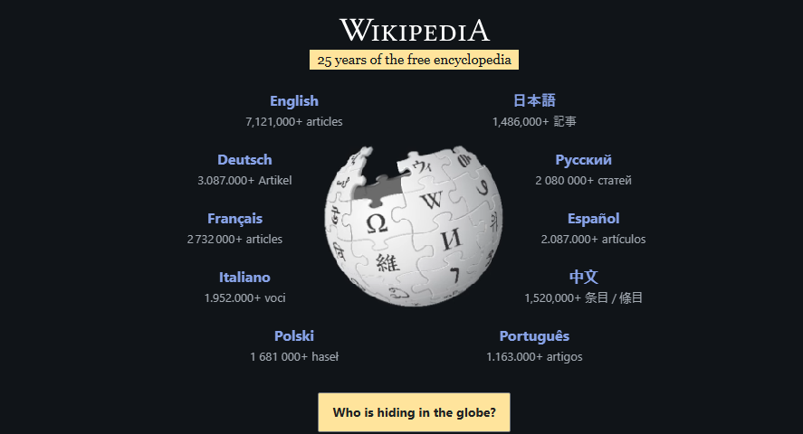 Wikipedia multilingual homepage with globe logo
