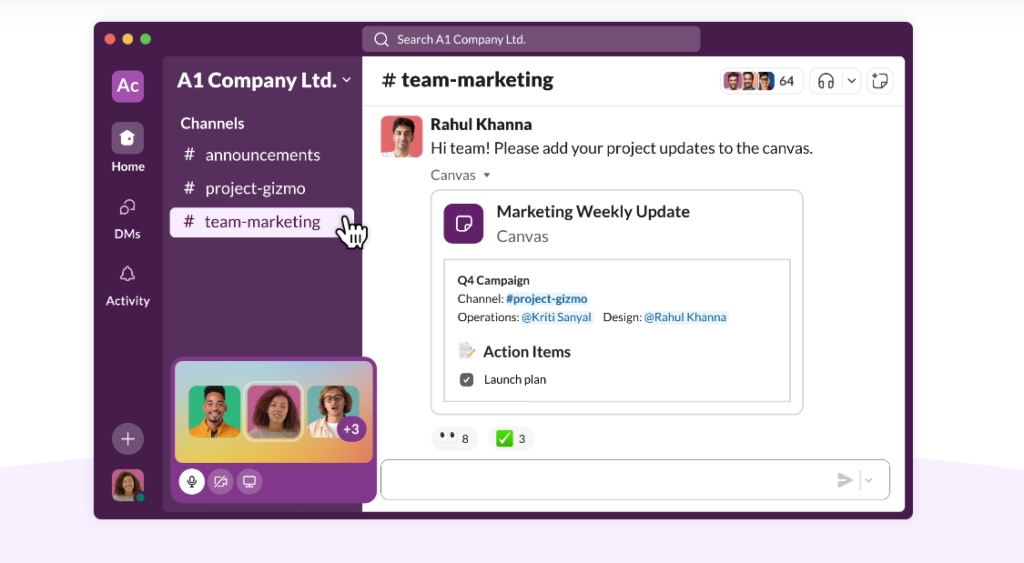 Team marketing update in chat