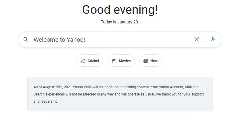 Yahoo homepage with search bar and greeting message.