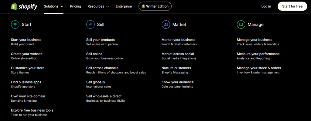 Shopify navigation menu with business tools categories